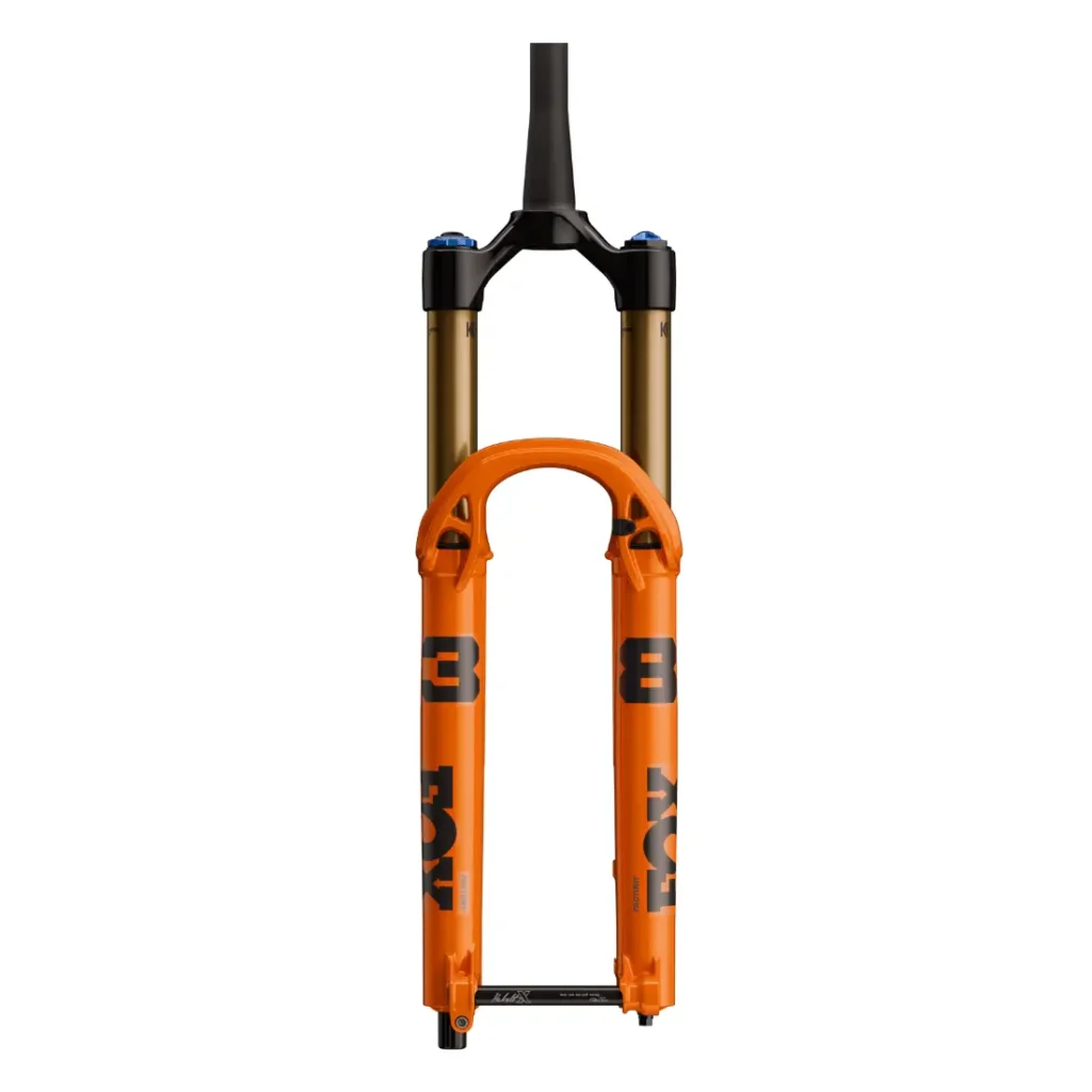 Vista frontal de una horquilla de suspensión naranja FOX 38 2027 para bicicleta de montaña, diseñada para Enduro, con mandos de ajuste de control negros y azules en la parte superior y una elegante marca negra en las patas.