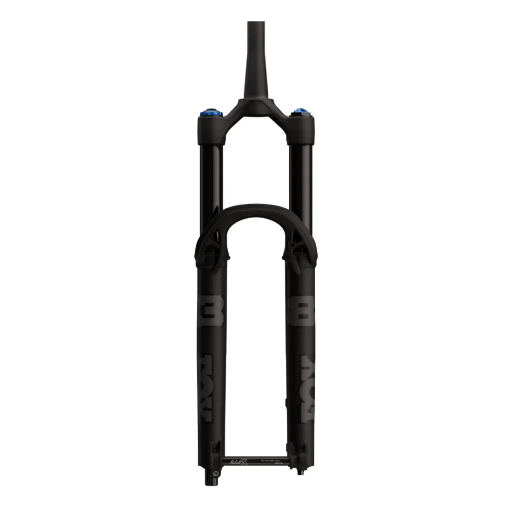 Vista frontal de una horquilla de suspensión negra FOX 38 2027 para bicicleta de montaña con montantes dobles y pomos de ajuste azules para un control preciso en enduro.