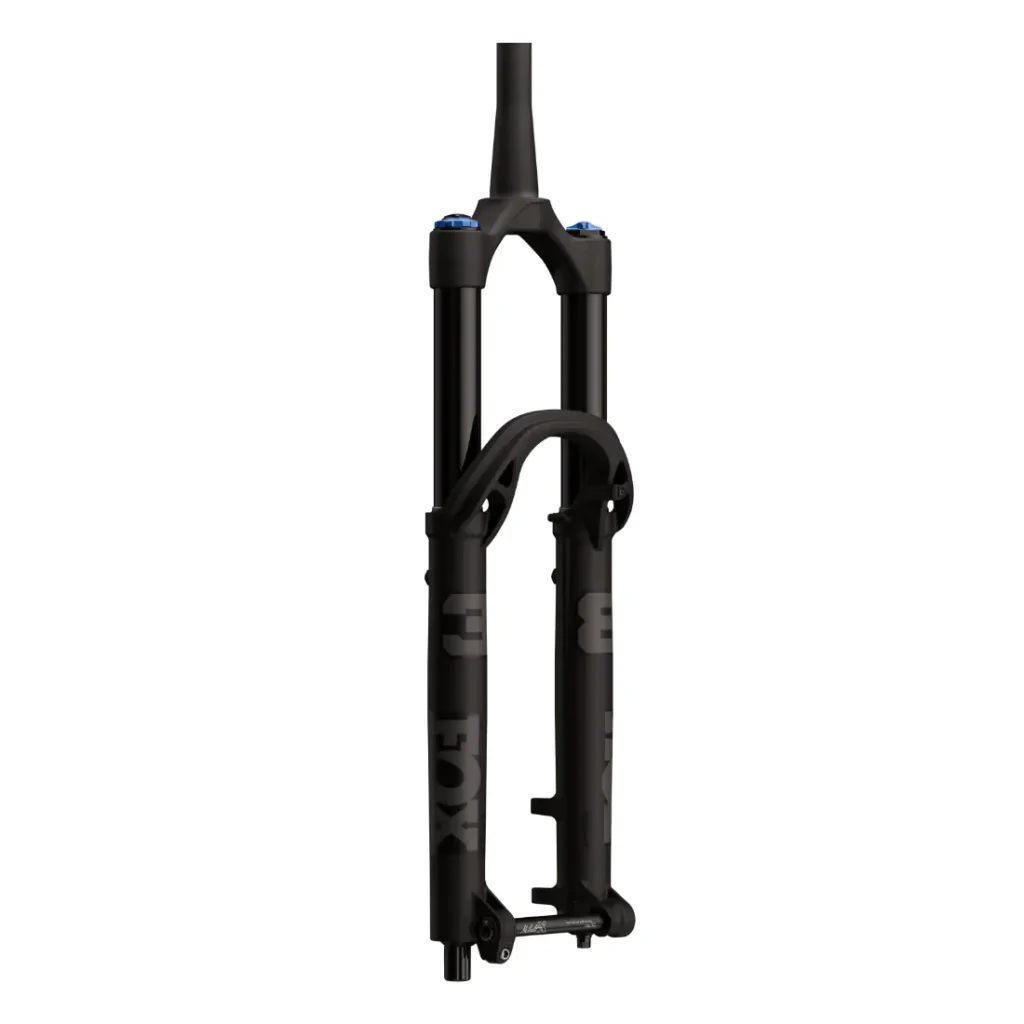 Horquilla de suspensión negra FOX 38 2027 para bicicleta de montaña con dos montantes, pomos de ajuste de control azules en la parte superior y montaje de eje pasante en la base, ideal para Enduro agresivo.