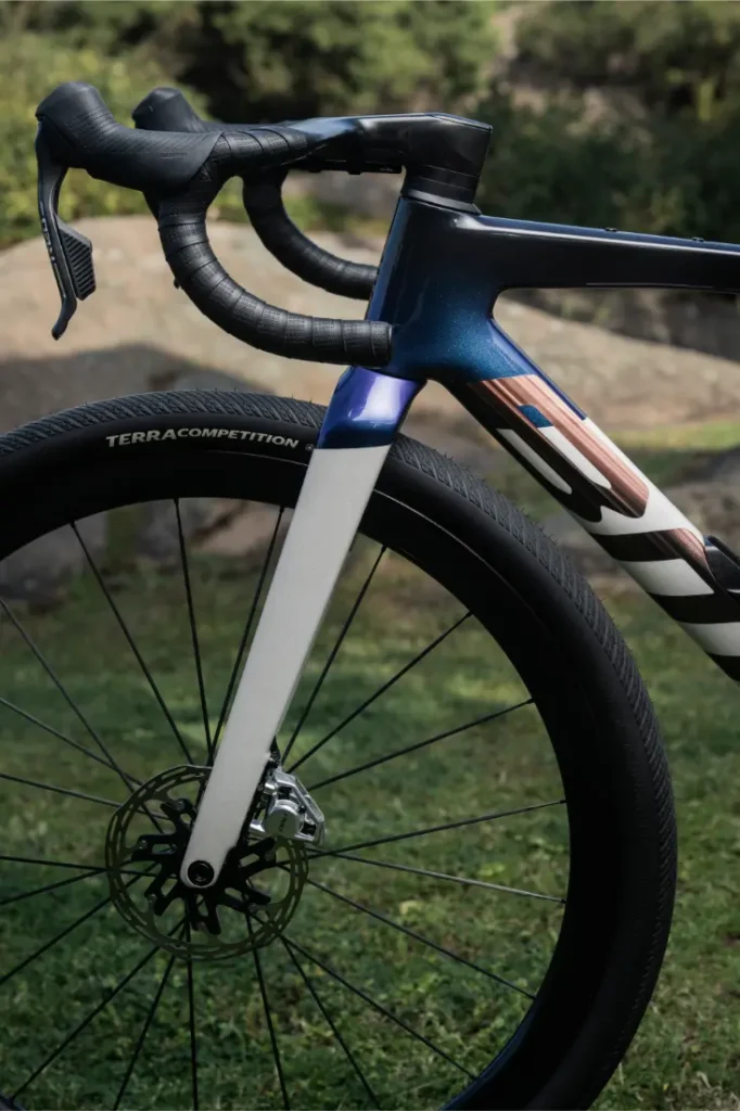 Primer plano de la rueda delantera, la horquilla y el manillar de una BMC Kaius 01, mostrando el freno de disco y el neumático "Terra Competition" -una bicicleta rápida- sobre un fondo de hierba y rocas.