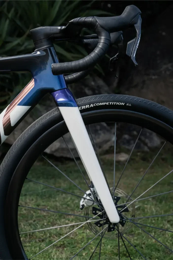 Primer plano de la rueda delantera, el freno de disco y el manillar de una bicicleta de carretera BMC Kaius 01, mostrando el neumático "Terra Competition" sobre hierba con rocas y plantas al fondo: un ejemplo perfecto de bicicleta rápida.