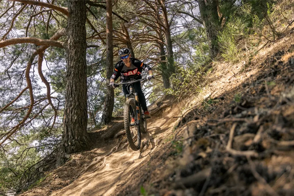 Una persona vestida de ciclista conduce una bicicleta de montaña con una actualización Bosch Performance por un estrecho sendero de tierra a través de un bosque con árboles altos y terreno irregular, mejorando su experiencia bici y su potencia en cada salida.
