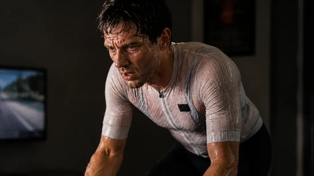 Un hombre con un maillot de ciclista de color claro suda copiosamente por el calor mientras entrena al límite en el interior, con aspecto concentrado y fatigado.