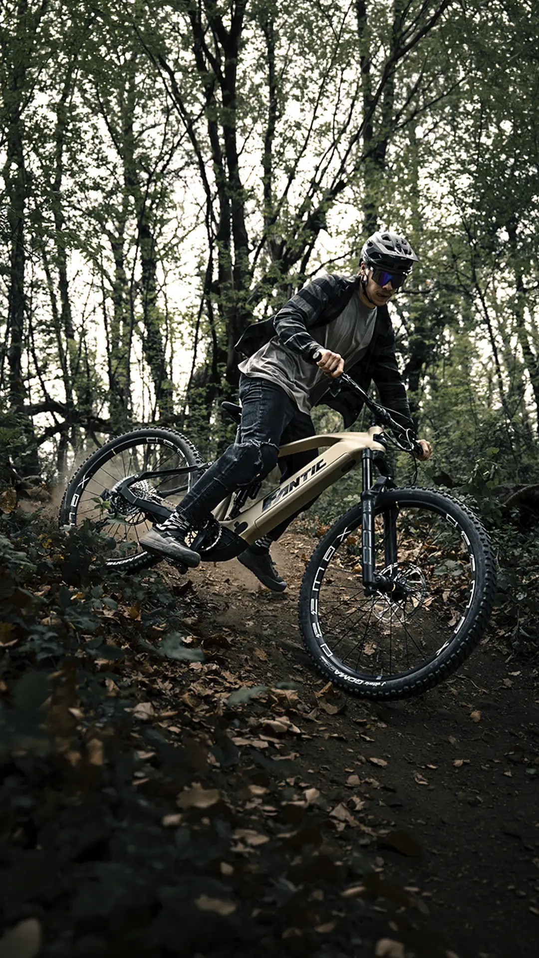 Con casco y gafas de sol, un ciclista atraviesa un frondoso sendero forestal en una Fantic Sierra e-MTB, inclinándose con confianza en la curva mientras el motor Bosch CX Gen5 impulsa su descenso.