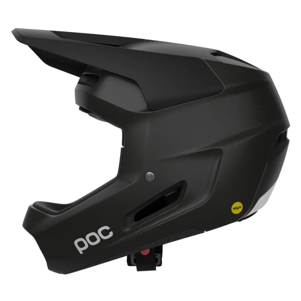 Casco integral de ciclismo de descenso POC negro con visera, protector de barbilla, ventilación lateral y el logotipo «poc» en la parte inferior lateral; ideal como casco integral para una protección máxima.