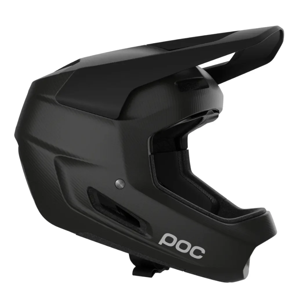 Casco integral de ciclismo POC Barocon Carbon en negro mate, con visera y protector de barbilla, diseñado para descenso, que cuenta con aberturas de ventilación y el logotipo «poc» en el lateral.