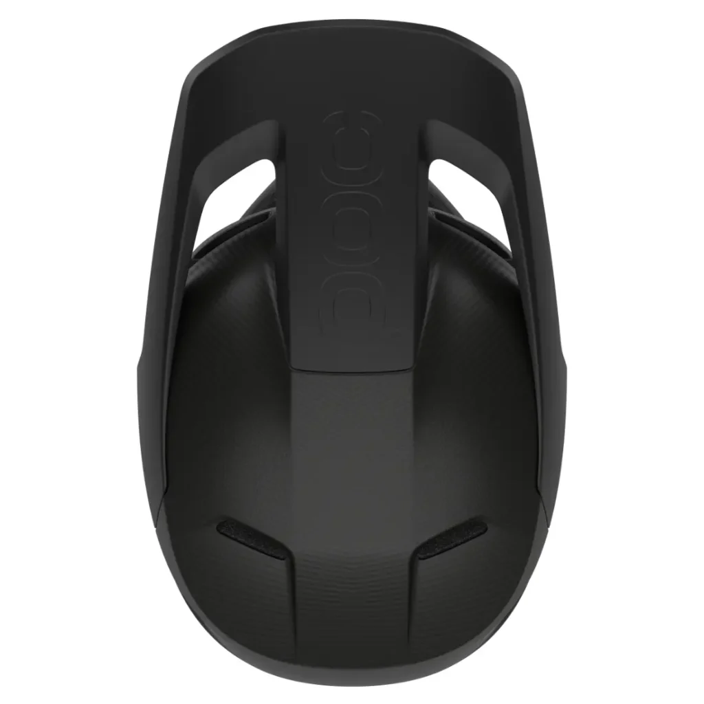 Casco de bicicleta Barocon Carbon de POC en color negro, visto desde arriba, con aberturas de ventilación y una parte trasera elevada con el logotipo de la marca grabado en relieve en la parte superior; ideal para ciclistas de descenso que buscan un diseño de casco integral ligero.