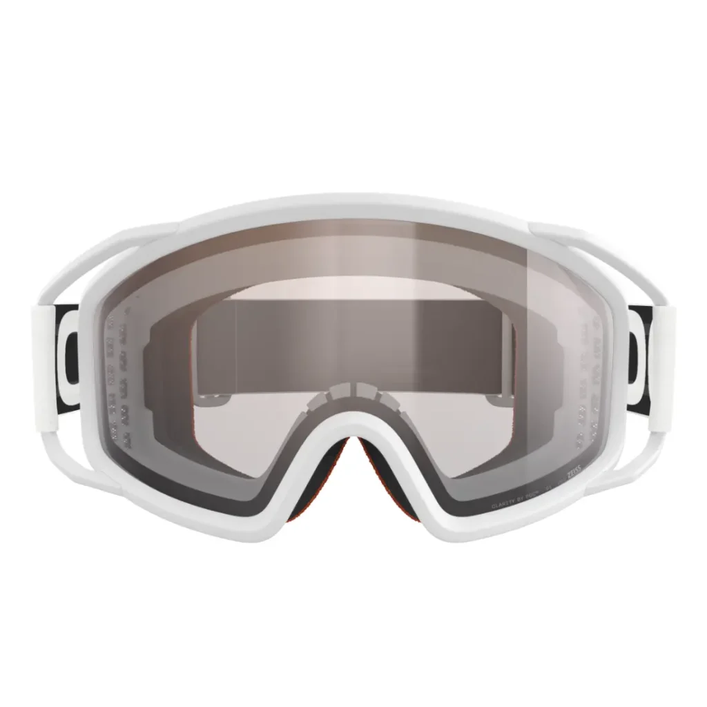 Gafas de esquí o snowboard POC Barocon Carbon en blanco y gris con lentes tintadas, fotografiadas de frente sobre un fondo blanco liso: ideales para las aventuras de descenso.