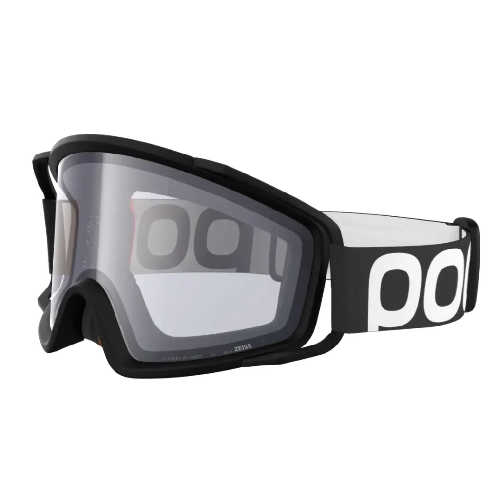Gafas deportivas en blanco y negro con una banda elástica ancha en la que destaca el texto «POC» en letras grandes, perfectas para descensos o para combinarlas con tu casco integral.
