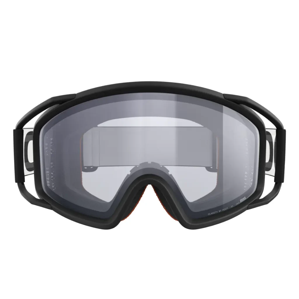 Vista frontal de unas gafas negras de esquí o snowboard con lentes transparentes y una correa ancha y ajustable, ideales para combinar con un casco integral o para practicar descenso.