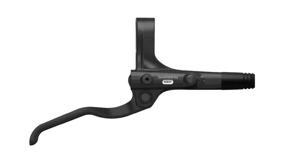 Una palanca de freno de bicicleta Shimano AB51 de color negro, representada sobre un fondo blanco, colocada en posición horizontal con la palanca orientada hacia la izquierda.