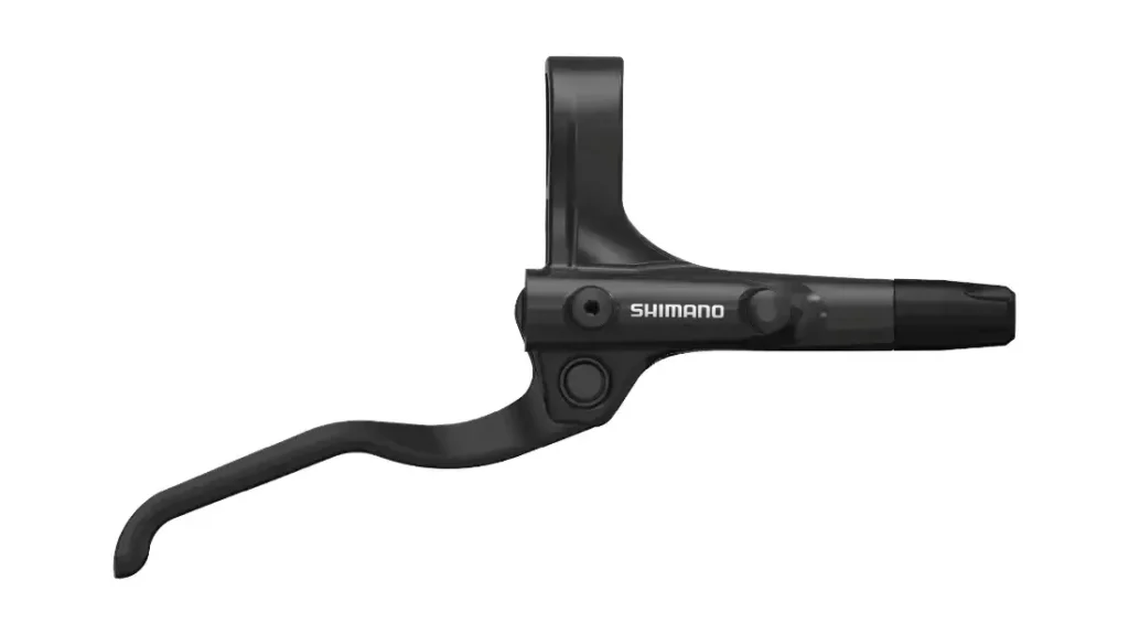 Maneta de freno de bicicleta Shimano negra vista de perfil, en la que destacan su forma curvada y su soporte de montaje.