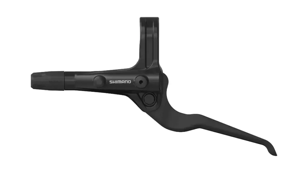 Maneta de freno de bicicleta Shimano negra, vista de perfil sobre un fondo blanco.