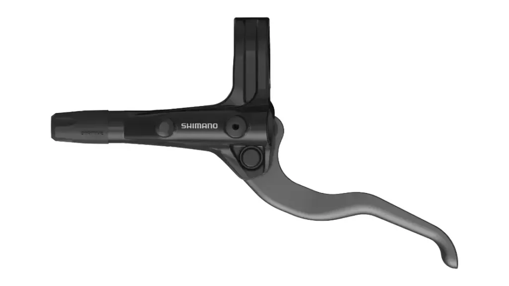 Maneta de freno de bicicleta Shimano en negro y plateado, vista de perfil sobre un fondo blanco.