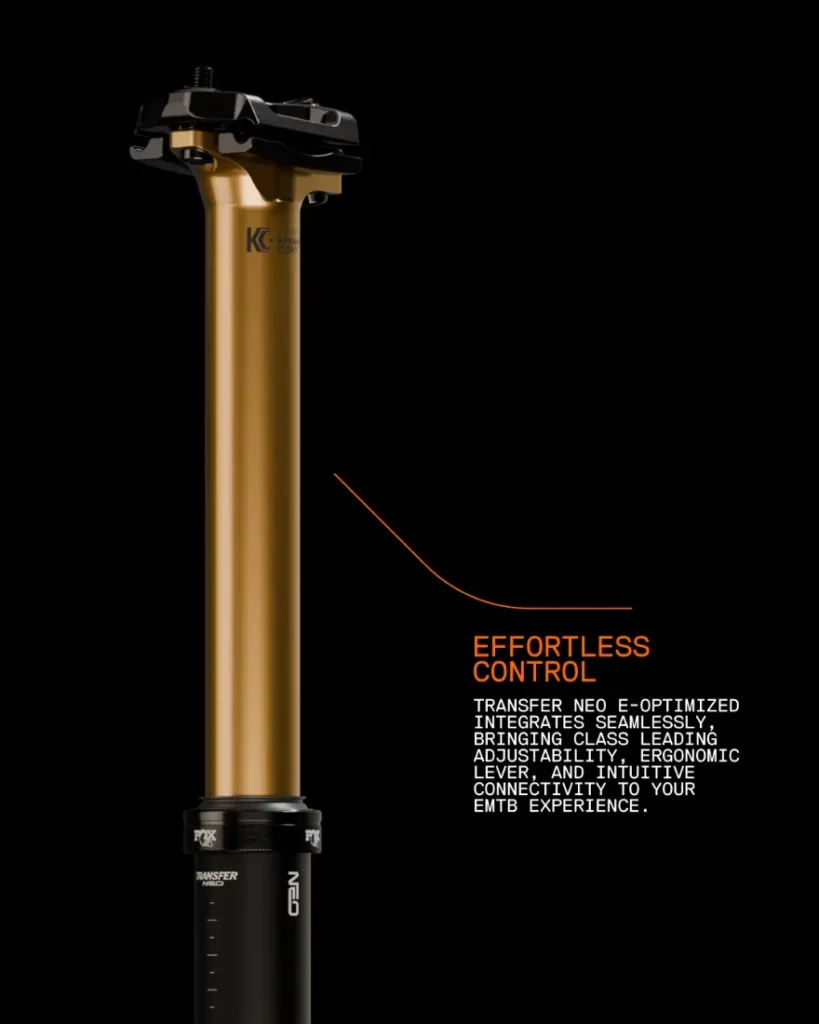 Tija electrónica en color dorado y negro con la inscripción «FOX Transfer Neo E-Optimized», en la que se destaca el control sin esfuerzo, la palanca ergonómica y la conectividad intuitiva para una experiencia mejorada en la eMTB.