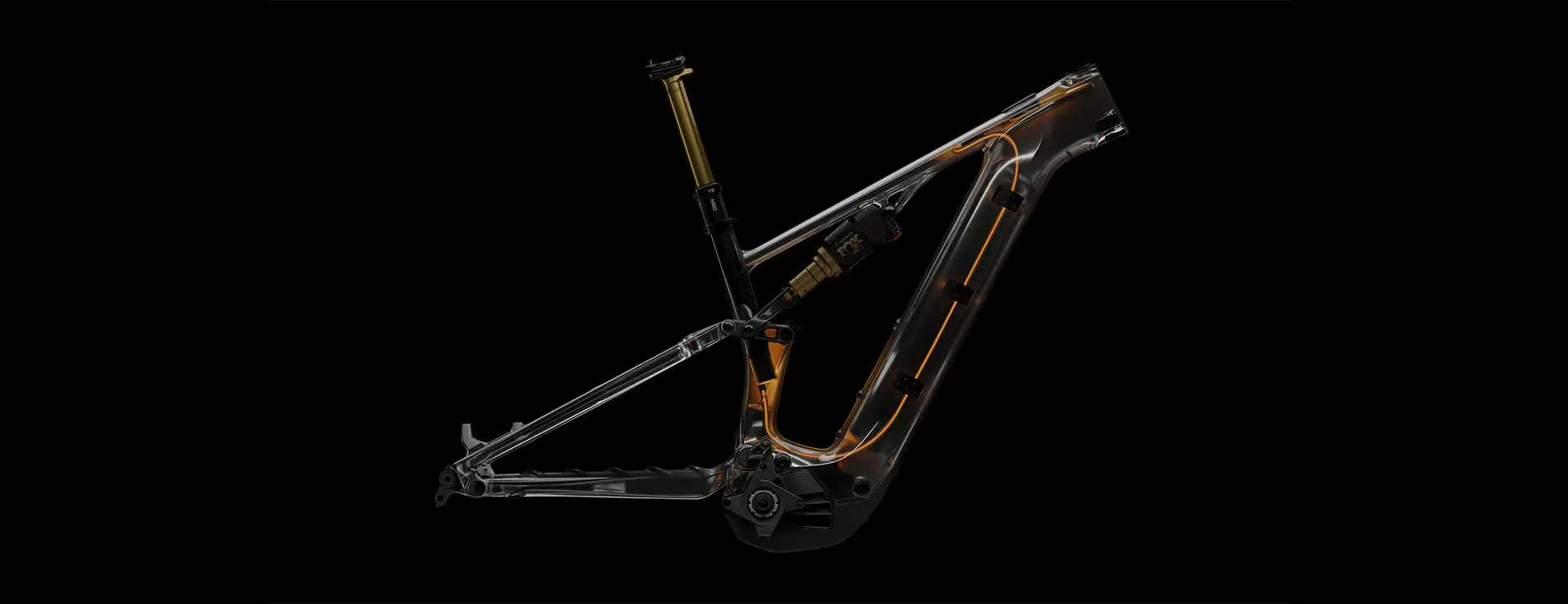 Un cuadro de bicicleta de montaña con suspensión total y optimizado para e-bike, con el paso de cables interno a la vista y líneas estructurales resaltadas, representado sobre un fondo negro.