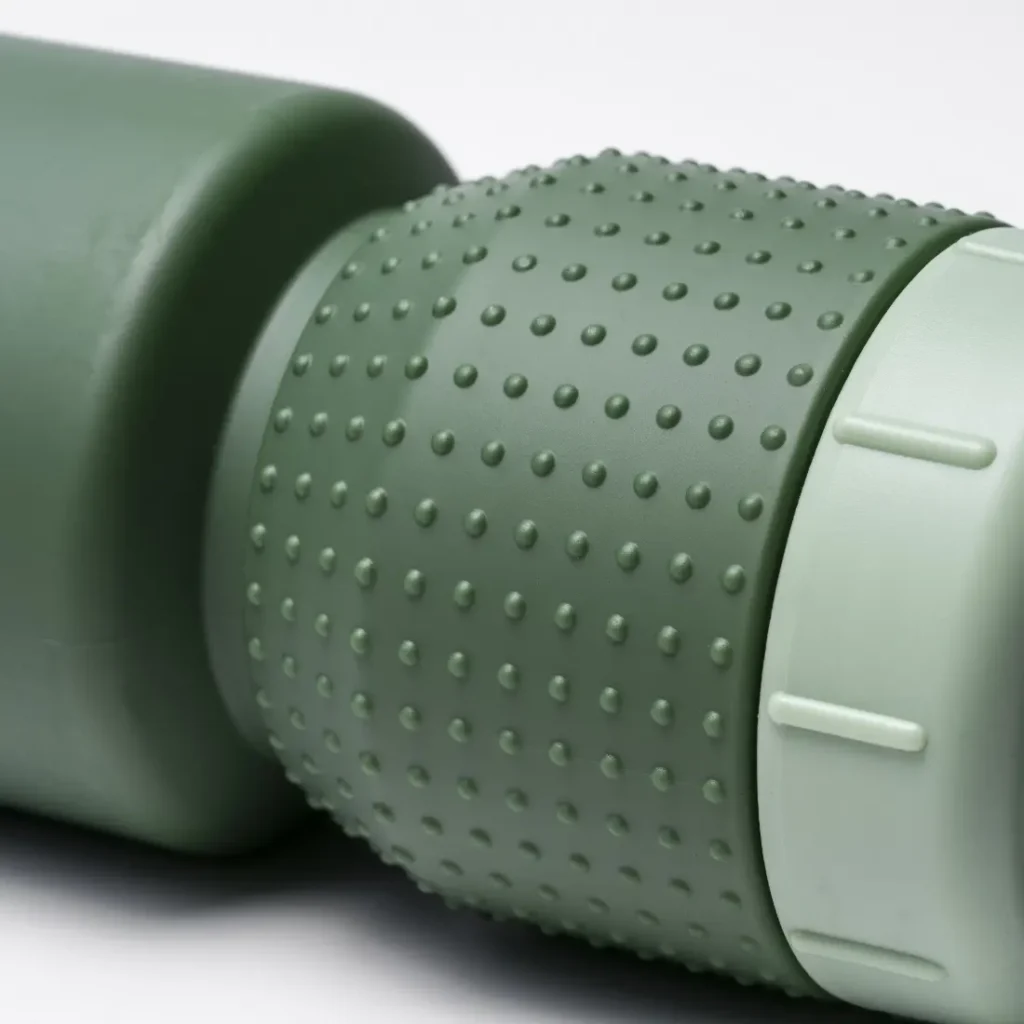 Primer plano de una botella de plástico verde con textura y agarre estriado, que incorpora el innovador diseño «Fabric Gripper V2» para facilitar su manejo. Esta botella antimicrobiana ofrece protección permanente y cuenta con un tapón de rosca de color verde claro, todo ello sobre un fondo liso.