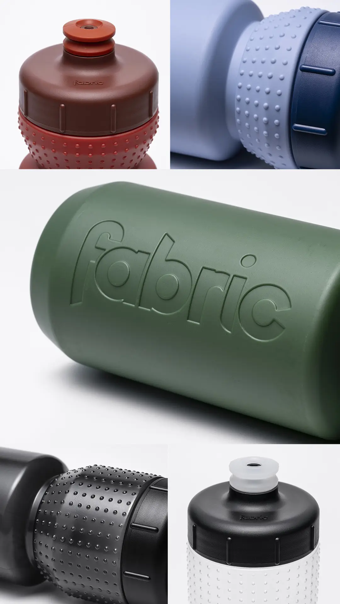 Collage de cinco primeros planos de botellas de agua con textura en diversos colores, cada una con el nombre de la marca «fabric» grabado en relieve o impreso en la superficie. Estas botellas, entre las que destaca el modelo Fabric Gripper V2, combinan estilo y protección antimicrobiana para el uso diario.