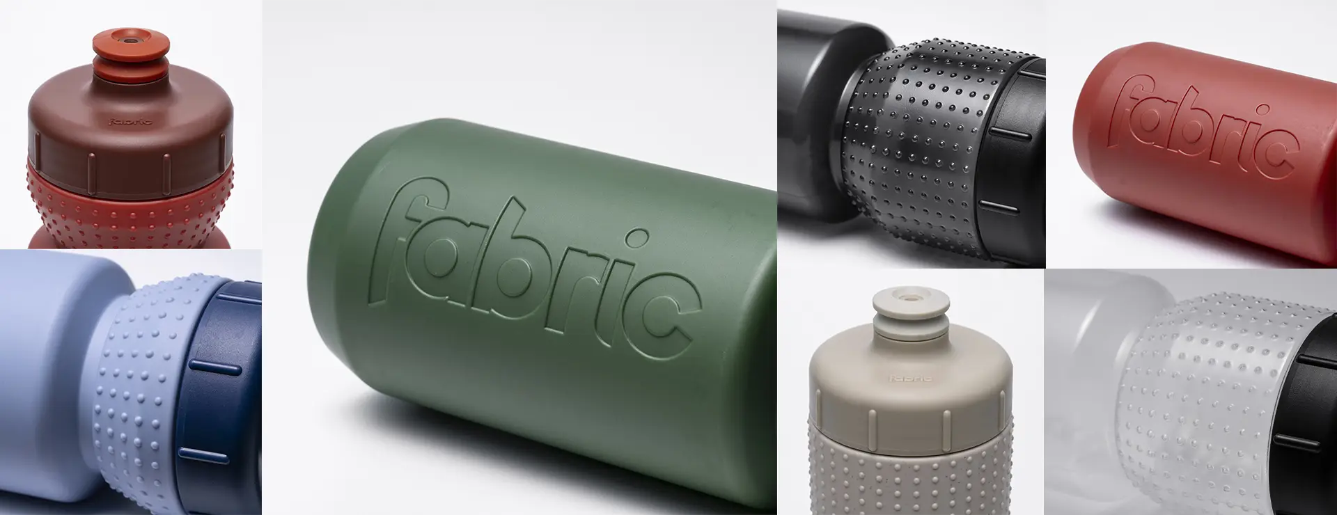 Collage de botellas de agua reutilizables de diversos colores y texturas, todas ellas con el nombre de la marca «Fabric» grabado en relieve o moldeado en su superficie. Algunas botellas presentan el innovador diseño Fabric Gripper V2, que ofrece protección permanente gracias a un bidón antimicrobiano que garantiza una frescura duradera.