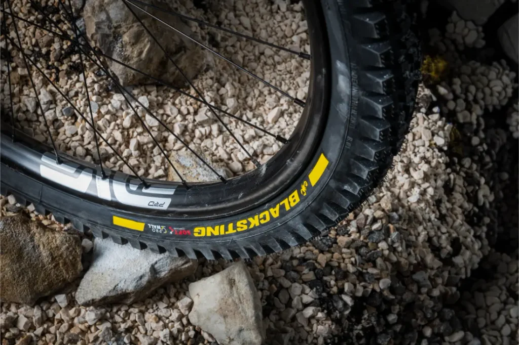 Primer plano de una rueda de bicicleta de montaña con la inscripción «BLACKS KING», con el diseño propio de los neumáticos de MTB de alta gama, apoyada sobre un terreno rocoso y cubierto de grava.