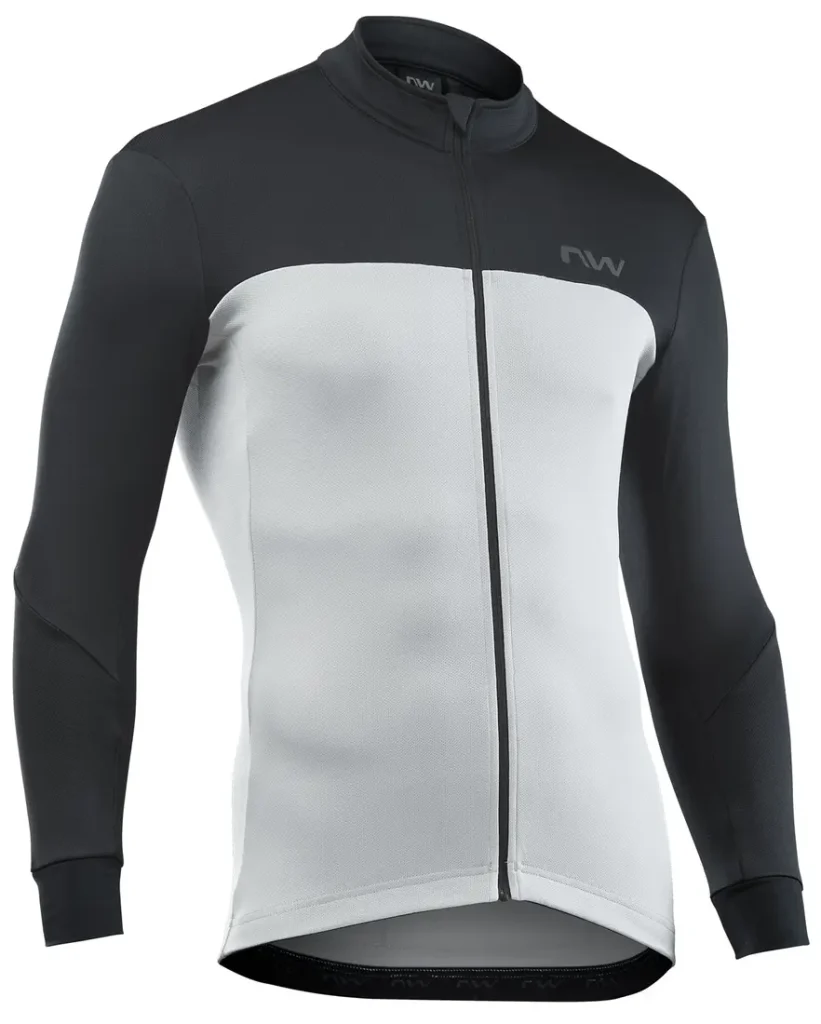 Un maillot de ciclismo de manga larga con la parte superior y las mangas en negro y la parte inferior en gris claro, con cremallera frontal completa y el logotipo «NW» en el pecho.