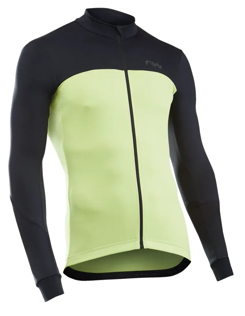 Maillot de ciclismo de manga larga con la parte superior y las mangas en negro, y el cuerpo delantero y trasero en un tono amarillo verdoso brillante, con cremallera completa en la parte delantera.