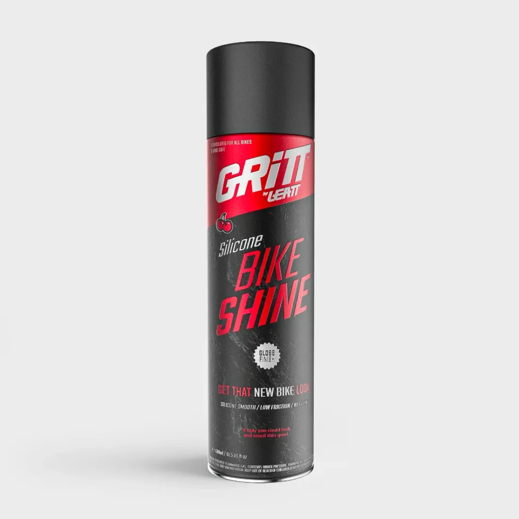 Un bote de aerosol negro de Gritt, el spray de silicona para dar brillo a las bicicletas de la marca Leatt.