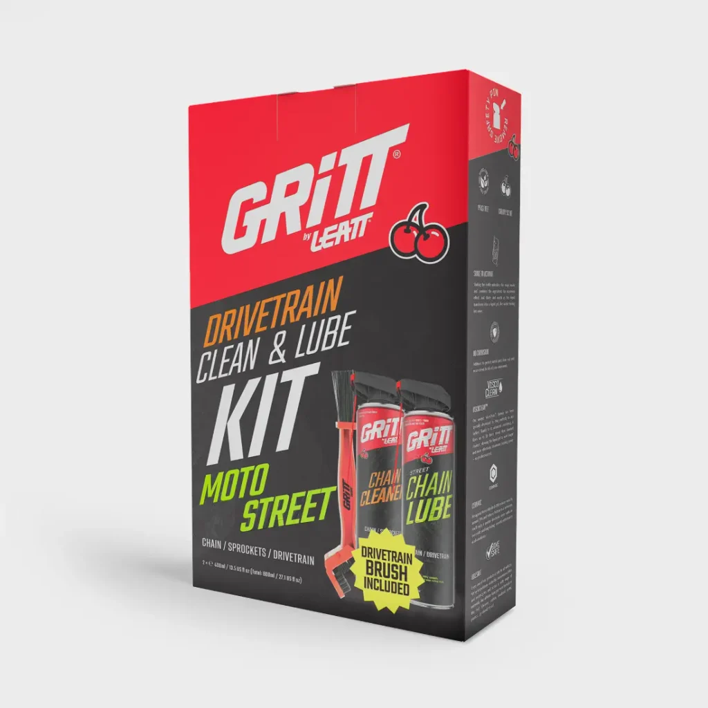 Caja del kit de limpieza y lubricación para la transmisión «Gritt» de Leatt, que contiene un limpiador de cadenas, lubricante para cadenas y un cepillo de limpieza.
