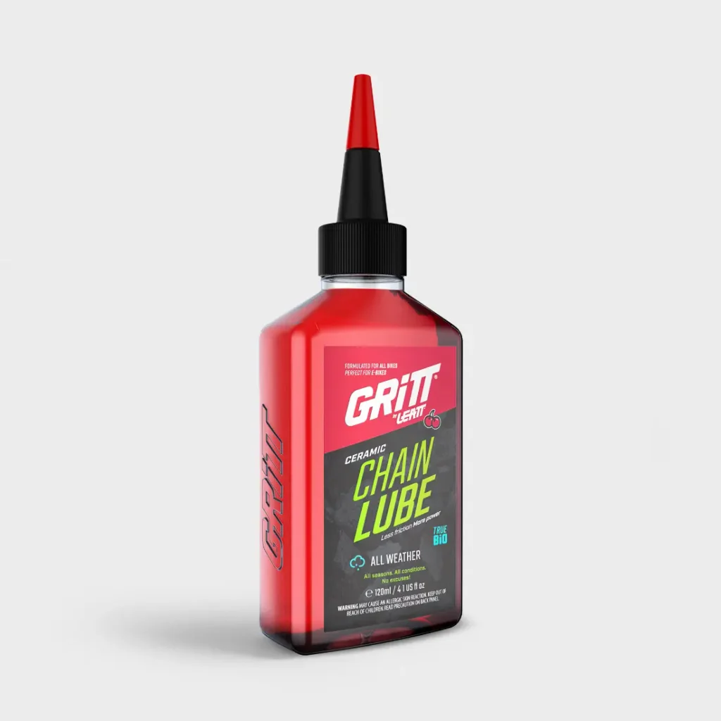 Un frasco de lubricante cerámico para cadenas de bicicleta Leatt Grit, apto para cualquier condición meteorológica.