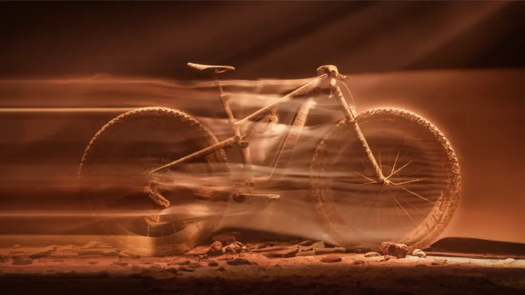 Una bicicleta de montaña cubierta de tierra, captada con un efecto de desenfoque de movimiento mediante una exposición prolongada.