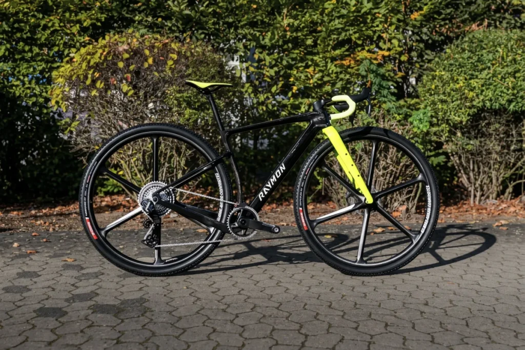 Bicicleta de gravel RAYMON con cuadro negro, horquilla delantera y cinta de manillar amarillas, y ruedas con radios negros.