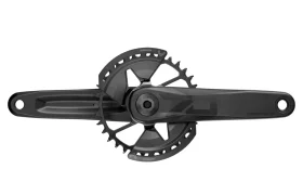 Juego de bielas de bicicleta con dos platos y brazos de biela, visto desde arriba sobre un fondo blanco, que muestra el diseño intrincado que complementa cualquier configuración SRAM Eagle.