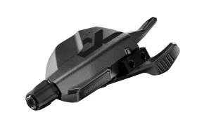 Una palanca de cambios de bicicleta SRAM negra, que presenta el elegante diseño de un SRAM Eagle 90, cuenta con dos palancas y se exhibe sobre un fondo blanco impecable.
