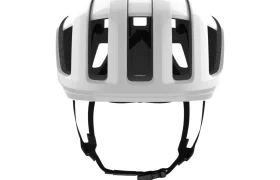 El POC Cytal, considerado el casco de bicicleta más seguro del mundo, es blanco y cuenta con acolchado interior negro y mentonera ajustable, visto de frente. Perfecto para cualquier experiencia con cascos de carretera.