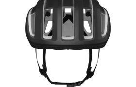Un casco de bicicleta POC Cytal negro con un patrón de ventilación en forma de rejilla, que garantiza un ajuste seguro para ciclistas de carretera, mostrado desde arriba.