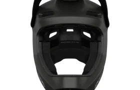 Vista frontal del casco integral POC Barocon Carbon, un casco integral de ciclismo negro diseñado para el descenso, en la que se aprecian el acolchado interior y las aberturas de ventilación.
