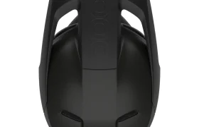 Casco de bicicleta Barocon Carbon de POC en color negro, visto desde arriba, con aberturas de ventilación y una parte trasera elevada con el logotipo de la marca grabado en relieve en la parte superior; ideal para ciclistas de descenso que buscan un diseño de casco integral ligero.