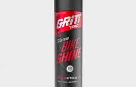 Un bote de aerosol negro de Gritt, el spray de silicona para dar brillo a las bicicletas de la marca Leatt.