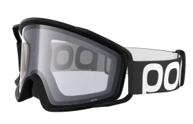 Gafas deportivas en blanco y negro con una banda elástica ancha en la que destaca el texto «POC» en letras grandes, perfectas para descensos o para combinarlas con tu casco integral.