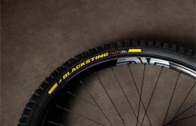 Un primer plano de una cubierta de bicicleta negra con la inscripción «BLACKSTING» en letras amarillas y rojas, montada en una rueda de radios, descansa sobre una superficie marrón lisa, lo que evoca el rendimiento resistente de los neumáticos de MTB de alta gama.