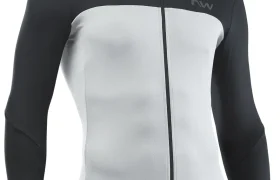 Un maillot de ciclismo de manga larga con la parte superior y las mangas en negro y la parte inferior en gris claro, con cremallera frontal completa y el logotipo «NW» en el pecho.