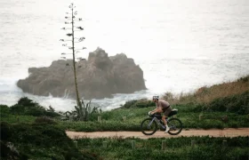 Un ciclista pedalea cómodamente por un camino de tierra cerca de la costa montado en una SCOTT Addict Gravel 2027, con vegetación verde en primer plano y el mar y las rocas al fondo, lo que pone de manifiesto lo divertida y cómoda que puede ser una bicicleta gravel en este hermoso entorno.