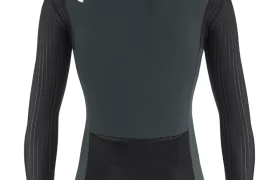 Maillot de ciclismo de manga larga en negro y gris, visto desde atrás, con un logotipo blanco en el hombro y bolsillos de malla en la parte baja de la espalda; ideal para salidas en entretiempo en las que necesitas una protección ultraligera similar a la del ASSOS EQUIPE ThermoBooster.