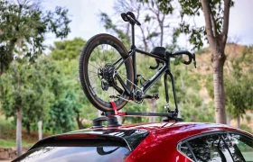 Una bicicleta negra montada boca abajo en un portabicicletas Allen Smart Suction Bike Rack sobre un coche rojo, con árboles y vegetación de fondo.