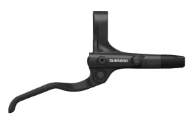 Maneta de freno de bicicleta Shimano negra vista de perfil, en la que destacan su forma curvada y su soporte de montaje.
