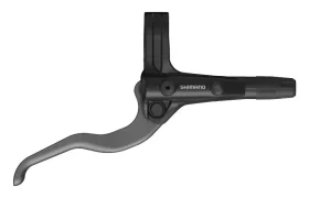 Una palanca de freno de bicicleta Shimano negra con un mango plateado curvado, representada sobre un fondo blanco.