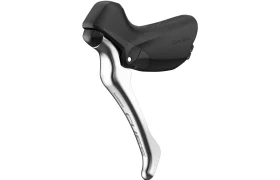 Una palanca de cambio y freno Shimano CUES para bicicletas de carretera con capuchón de plástico negro y brazo de palanca metálico plateado, ideal para grupos de carretera.