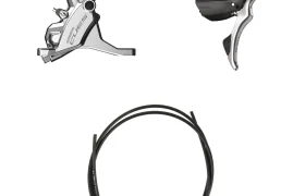 Pinza de freno de disco hidráulico Shimano CUES, palanca de freno y un tramo de latiguillo de freno sobre un fondo blanco, ideal para actualizar su configuración de grupos de carretera.