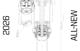 Dibujo técnico de un componente mecánico con vistas transversales y detalladas, etiquetado "2026" y "ALL-NEW" a ambos lados, que muestra el diseño de la nueva generación X Factor con amortiguadores avanzados FOX.