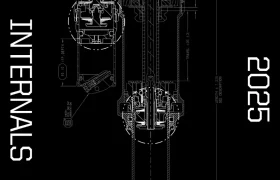 Dibujo técnico de la estructura interna de un componente mecánico en el que aparecen amortiguadores FOX, rotulados "INTERNALS 2025" sobre fondo negro.